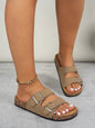 Women's Summer Simple Pu Upper Double-Bar Solid Color Flat Slip-On Sandals with Adjustable Buckle Beach Slippers