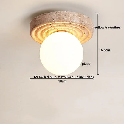 DecorBites™ Japan Style LED Ceiling Light Yellow Travertine Stone Wood Base Bedroom Luminaire.