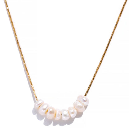 Yhpup Tarnish Free Natural Pearl Beads Chic Exquisite Necklace Thin Chain Stainless Steel Minimalist Charm Collar Jewelry Women