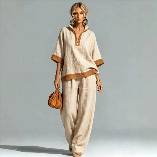 Women New Vintage Loose Two Piece Set Summer Sexy Half Zip Top+Wide Leg Pants Casual Elegant Color Blocking Holiday Party Sets