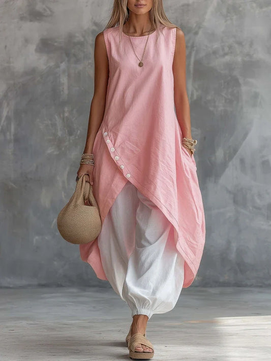Casual Women Summer 2PCS Matching Set O-Neck Irregular Long Shirt