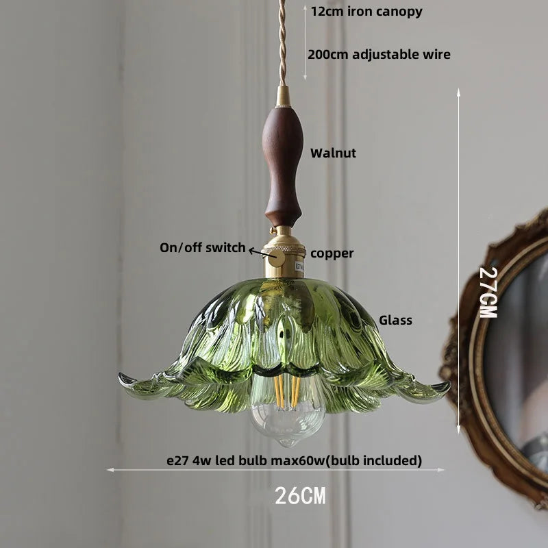 DecorBites™ Green Glass LED Pendant Lights with Walnut Wood Hanging Lamp