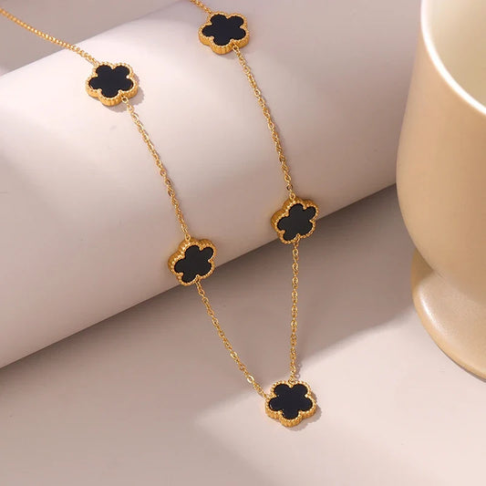 14K Gold Plated Stainless Steel Necklace Woman Five Leaf Petals Double