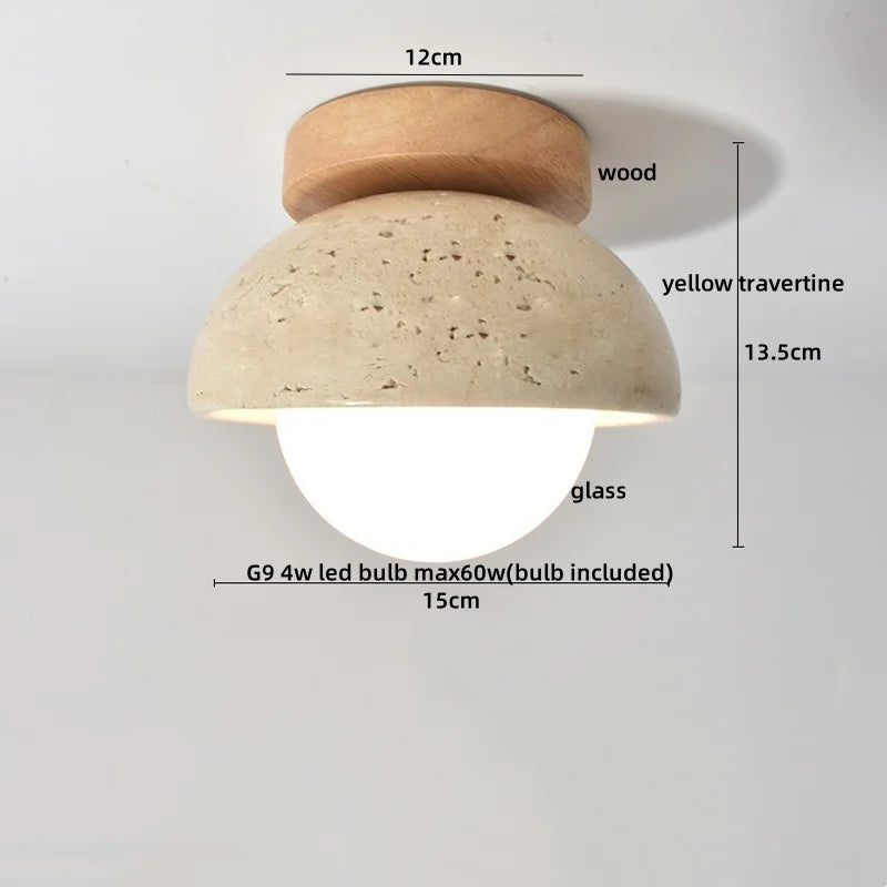 DecorBites™ Japan Style LED Ceiling Light Yellow Travertine Stone Wood Base Bedroom Luminaire