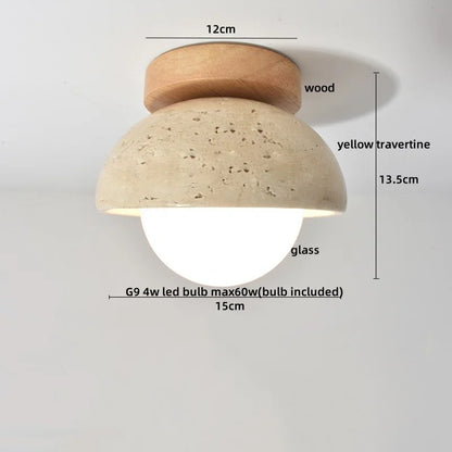 DecorBites™ Japan Style LED Ceiling Light Yellow Travertine Stone Wood Base Bedroom Luminaire