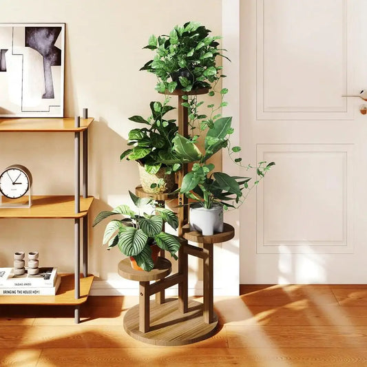 4-Tier Wooden Plant Stand - Indoor/Outdoor Corner Shelf For Multiple Plants, Round Flower Holder For Living Room/Patio