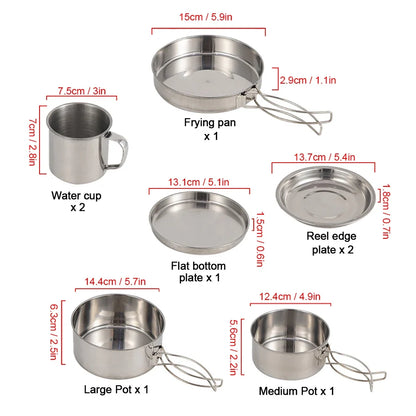 8pcs/set Camping Cookware Mess Kit Stainless Steel Cooking Pot and Pan