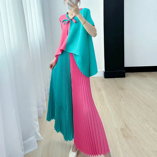 Blouse Pants Suit Women Summer Youthful Pleated Tie-Front Delicate