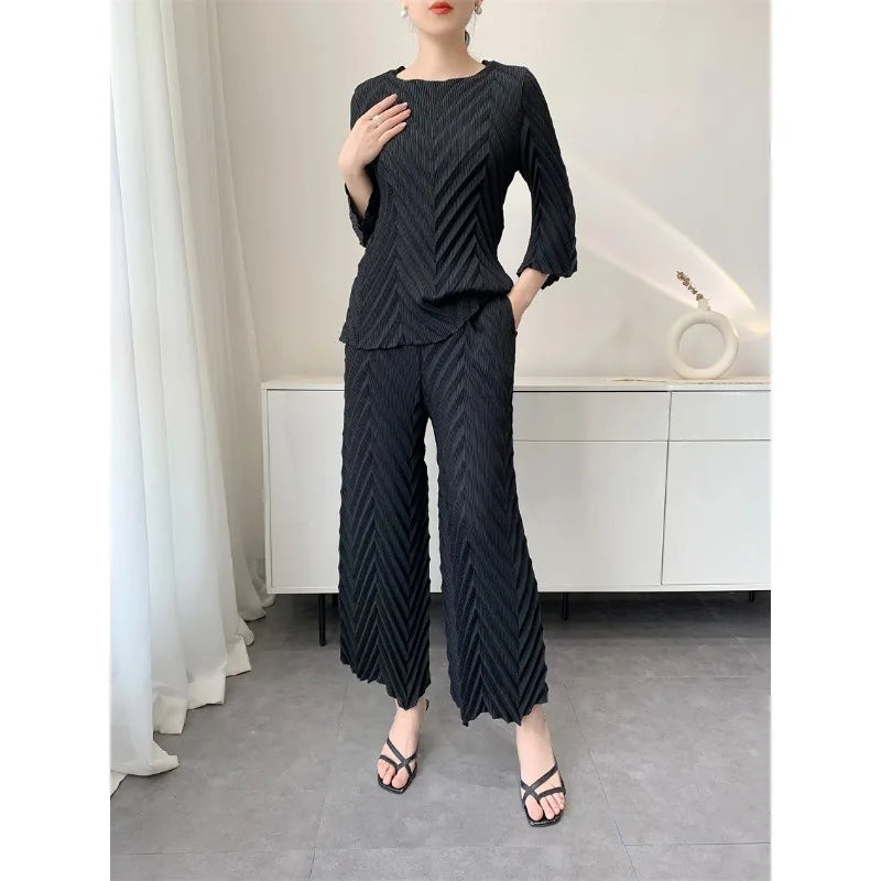 Spring New Women Handmade Pleated Pants Set Comfortable Casual Seven