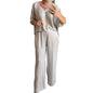 Summer Short-sleeved T-shirt Two-piece Set For Women V-neck Top Pullover Wide-leg Pants Suit For Women Spring Loose Satin Suit