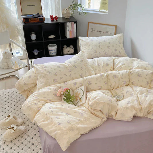 DecorBites™ Lavender Lace Bedding Set: Single Queen Size Duvet, Sheet, Pillowcases