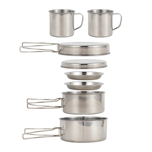8pcs/set Camping Cookware Mess Kit Stainless Steel Cooking Pot and Pan