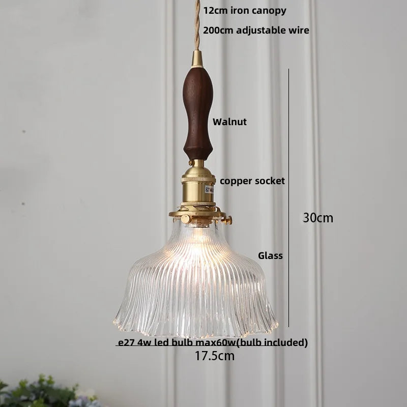 DecorBites™ Glass LED Pendant Lamp Walnut Wood Copper Switch Nordic Hanging Light
