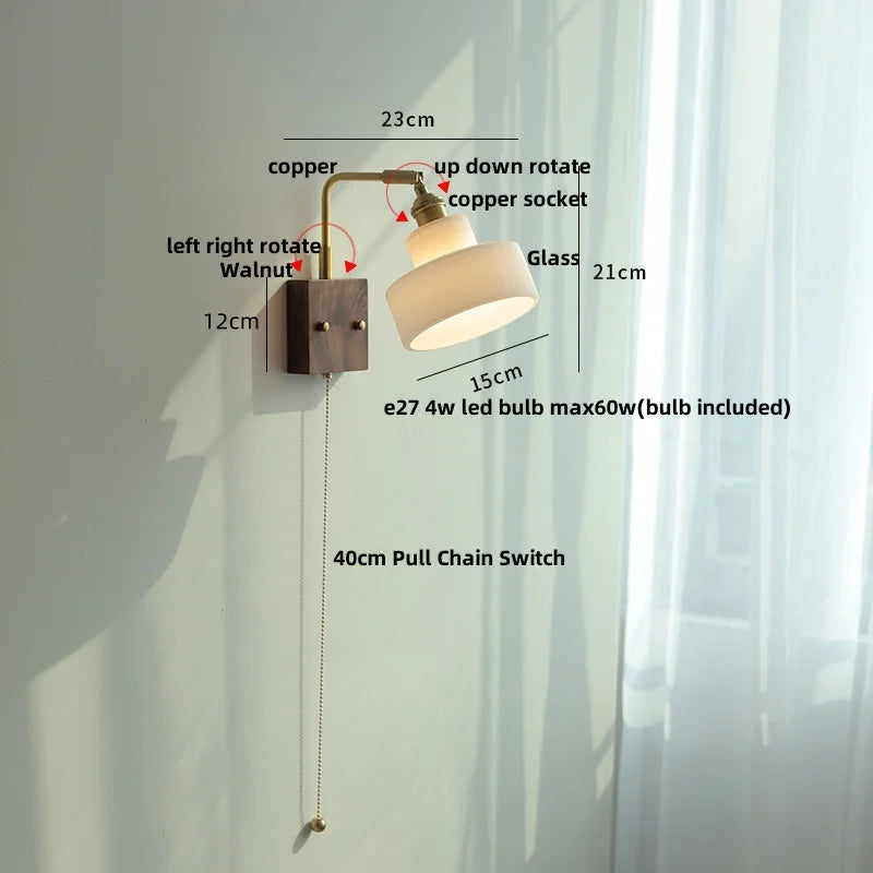DecorBites™ Glass Pink LED Wall Sconce, Pull Chain Switch, Walnut Wood Bedside Lamp
