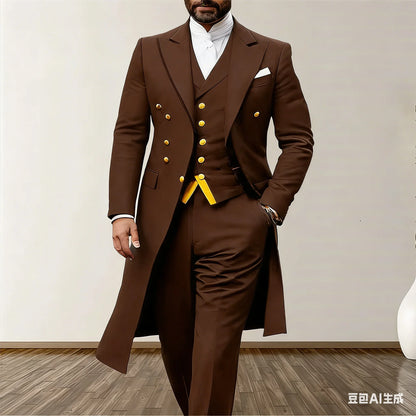 Blue Men Wedding Suits 3 Piece Long Blazer Vest Pants Satin One Button