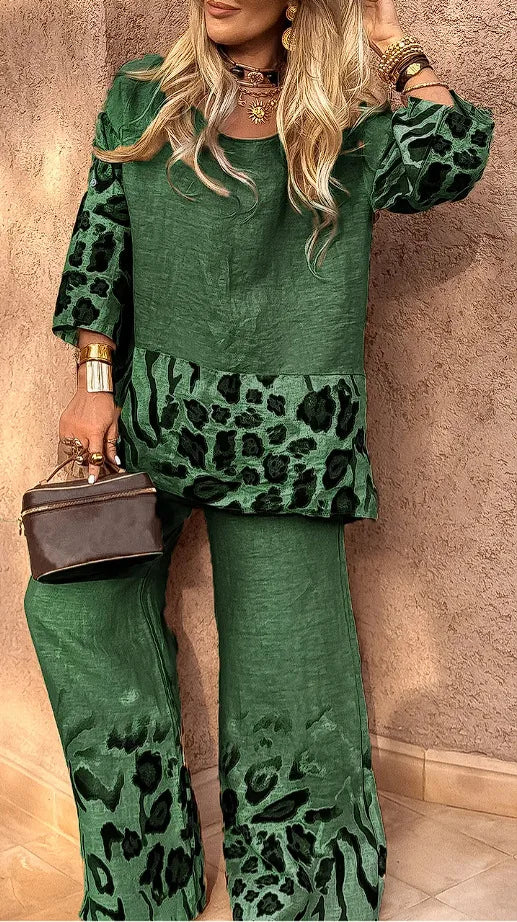 New Summer Leopard Print Two Piece Set Women Fashion Casual Loose