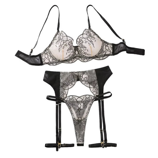 MUZISKAT 2024 Sexy Lace Underwear Women's Three Piece Bra And Underwear Set Embroidered Underwear Women's Underwear Sexy Set