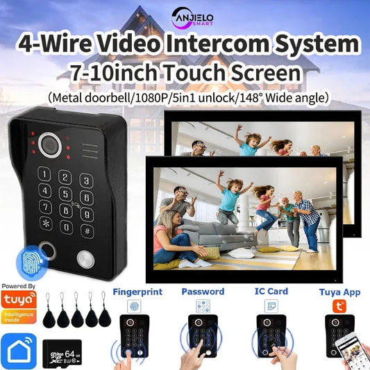 ANJIELO Tuya Smart Fingerprint 5-in-1 Unlocking Home Video Doorbell Video Intercom System 1080P Touch Monitor Security Protectio