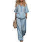 Women Cotton Linen Set, Summer V-Neck Loose Fit & Elastic Waist Palazzo Pants 2-Piece Outfit, Casual Top and Wide Leg Trousers
