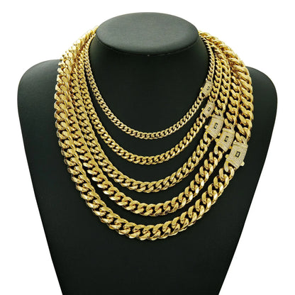6-14mm Bling Gold Color Stainless Steel Cuban Miami Chains Necklaces