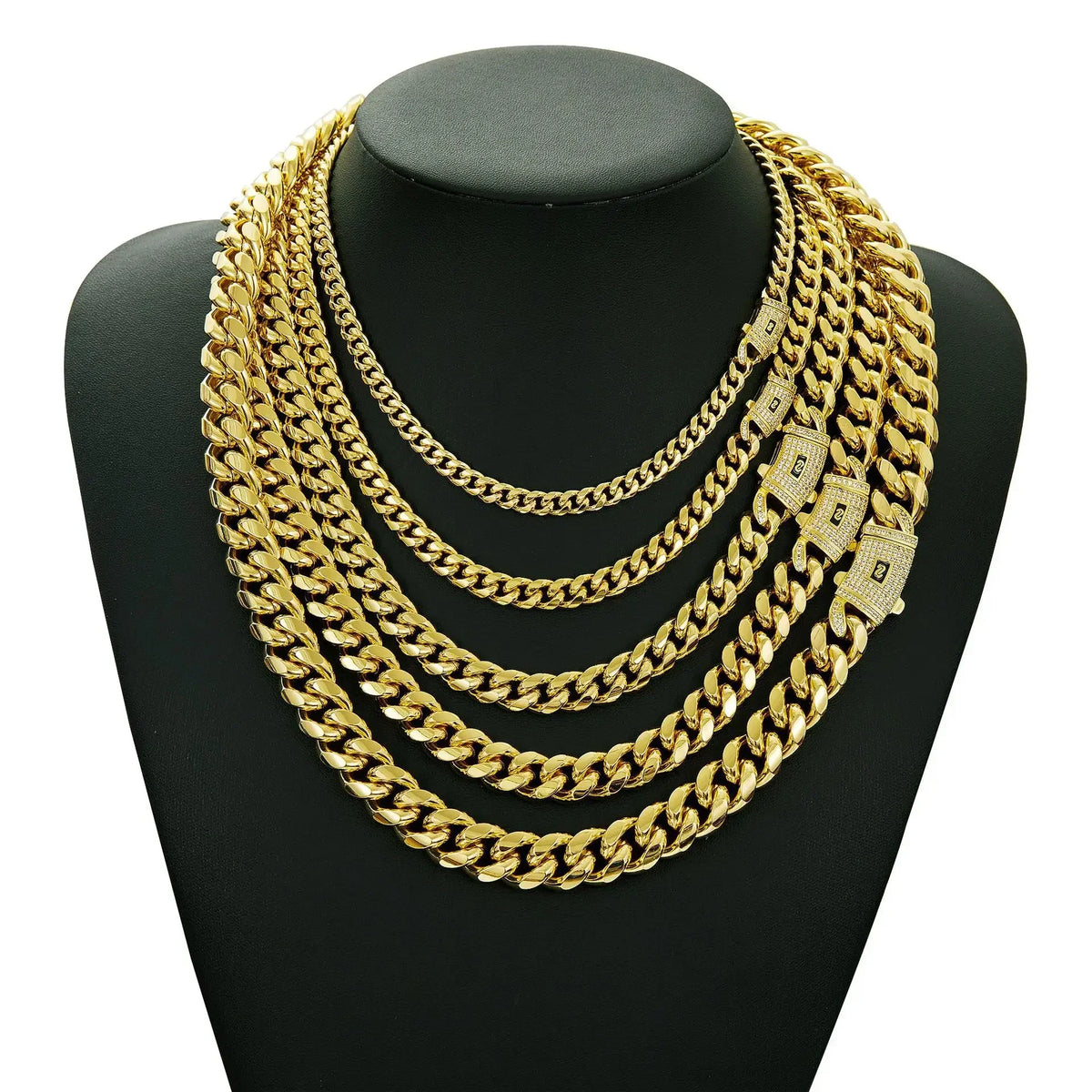 6-14mm Bling Gold Color Stainless Steel Cuban Miami Chains Necklaces