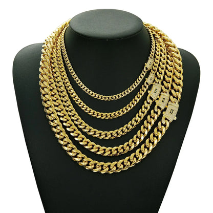 6-14mm Bling Gold Color Stainless Steel Cuban Miami Chains Necklaces