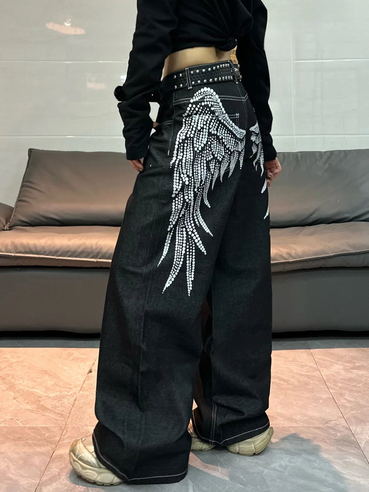 1 Pc American Retro Wing Print Loose Jeans, Street Trend Fashionable