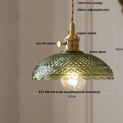 DecorBites™ Green Glass LED Pendant Lamp | Modern Nordic Wood Walnut | Brass Knob Switch | Hanging Light