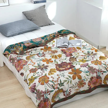 DecorBites™ Japanese Cotton Gauze Flower Blanket: Soft and Breathable Summer Throw