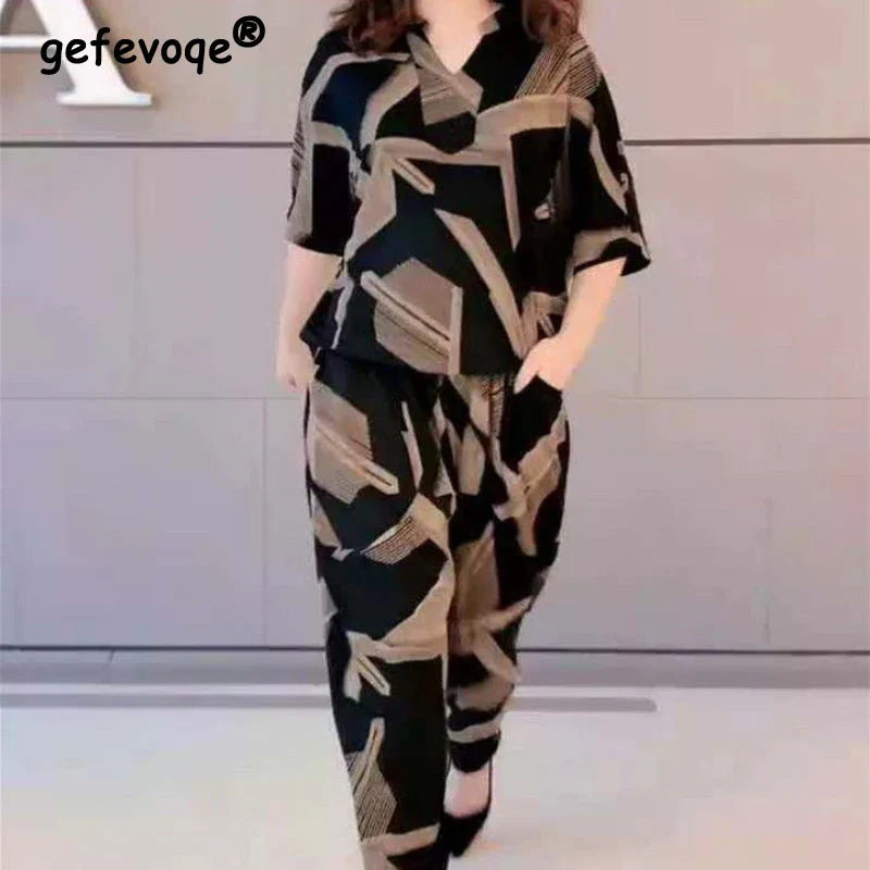 Casual Fashion Geometric Letter Printing Pant Sets Summer Short Sleeve
