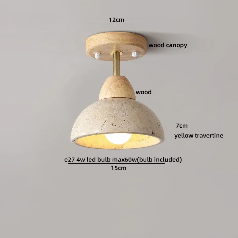 DecorBites™ Japan Style LED Ceiling Light Yellow Travertine Stone Wood Base Bedroom Luminaire.