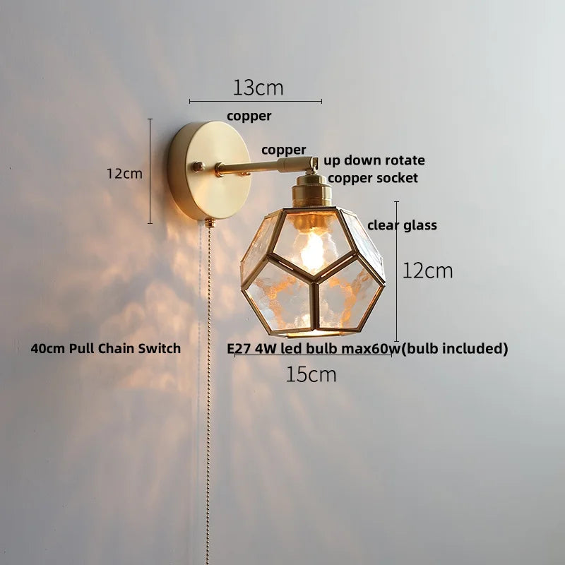 DecorBites™ Japanese Style LED Wall Light Clear Glass Pull Chain Switch Bedside Lamp
