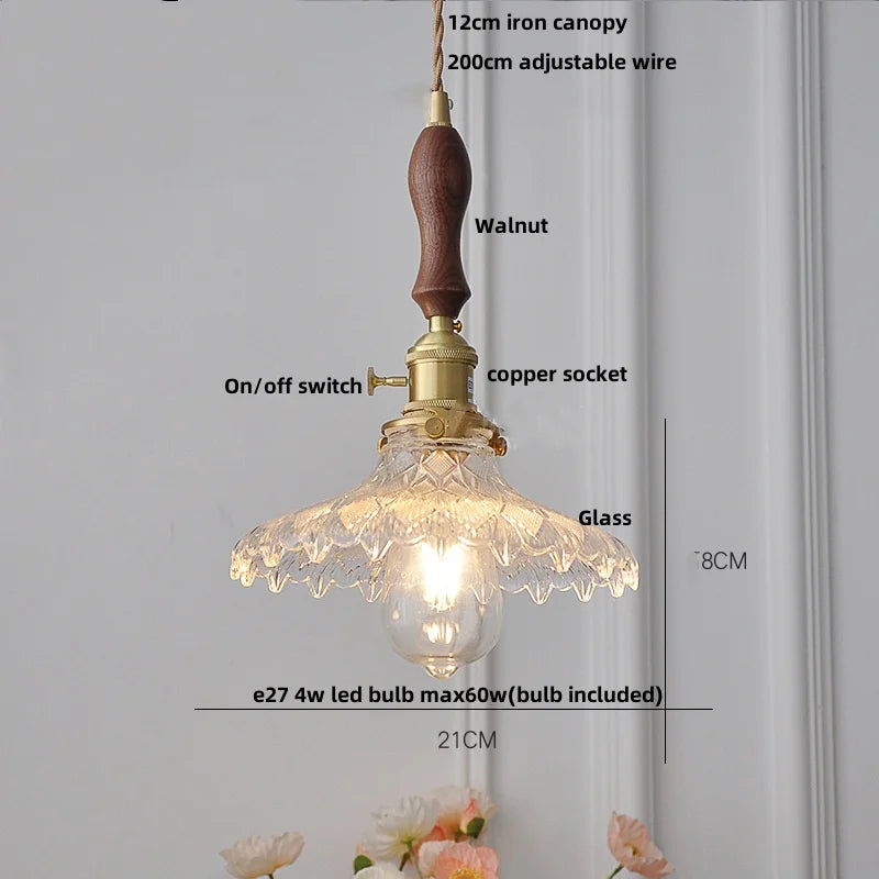 DecorBites™ Green Glass LED Pendant Lights with Walnut Wood Hanging Lamp