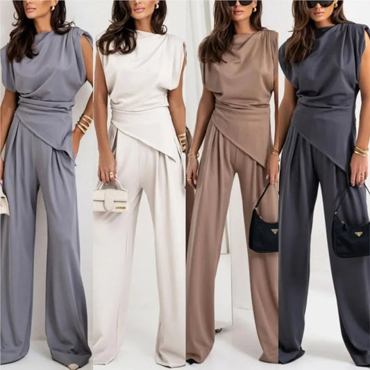 Summer Fashion Solid Two Piece Sets Women Elegant Slim Office Suit Casual Irregular Top And Wide Leg Pants 2 Piece Set Female