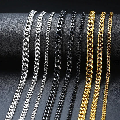 3-11mm Classic Cuban Chain Necklace for, Silver Black Gold Grey Color