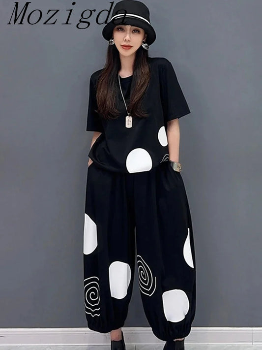 Polka Dot Striped Print 2 Two Piece Set Women Summer Casual Fashion Short Sleeve Ladies T-Shirts Loose Wide Leg Woman Pants