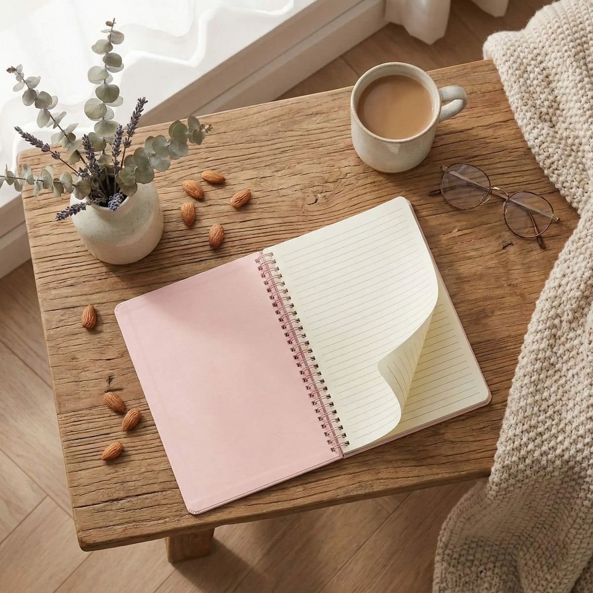 Pink Coil Notebook with Calendar, Vertical Standing Desk Planner, Thick Lined Pages for Office School Supplies