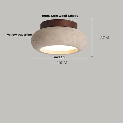 DecorBites™ Japan Style LED Ceiling Light Yellow Travertine Stone Wood Base Bedroom Luminaire