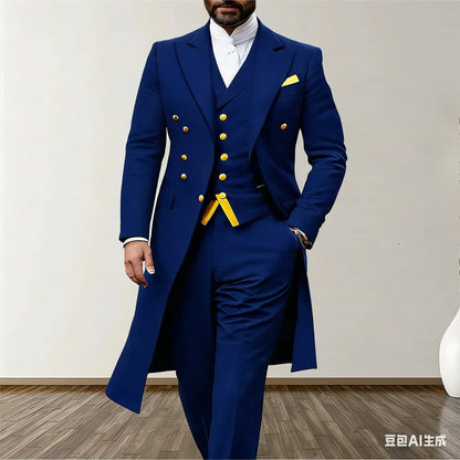 Blue Men Wedding Suits 3 Piece Long Blazer Vest Pants Satin One Button