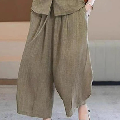 Plus Size Casual Suit Women 2 Piece Cotton Linen Sets, Button Down