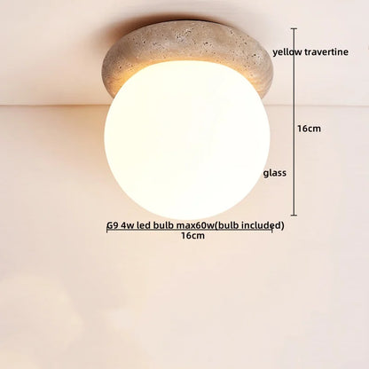 DecorBites™ Japan Style LED Ceiling Light Yellow Travertine Stone Wood Base Bedroom Luminaire