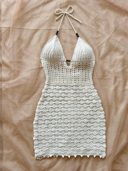 Women's V-Neck Strapless Dress, Hollow Out, Wooden Bead, Slim Fit, Gradient Color, Knitted, Sexy, Vacation Wear