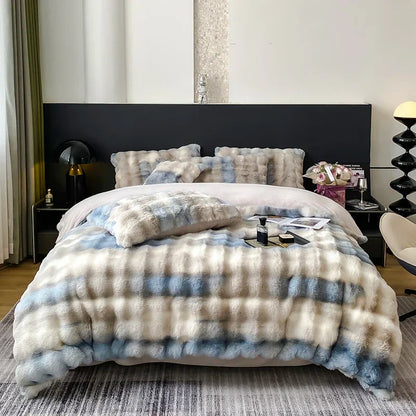 DecorBites™ Gradient Faux Rabbit Fur Bedding Set - Warm Luxury Plush Duvet Cover & Quilt Sets