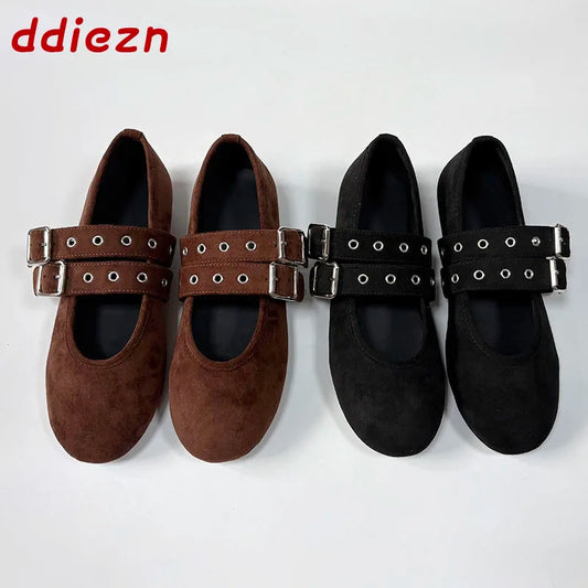 New Fashion Buckle Strap Footwear Flock Ballet Flats Women Dance Shoes Female Round Toe Ladies Mary Janes Flats Lolita Shoes