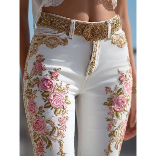 Women's Fashion Floral Jeans Straight Leg Denim Pants European American Style