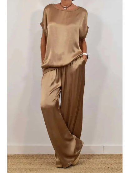 2-Piece Set Fashion Satin O Neck T-Shirt Top Trousers Summer Retro