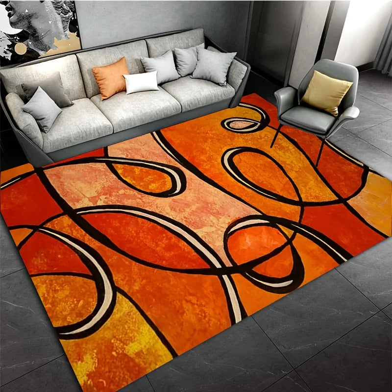 Abstract Orange Geometric Bath Mat, Black Line Print Non-Slip Rug