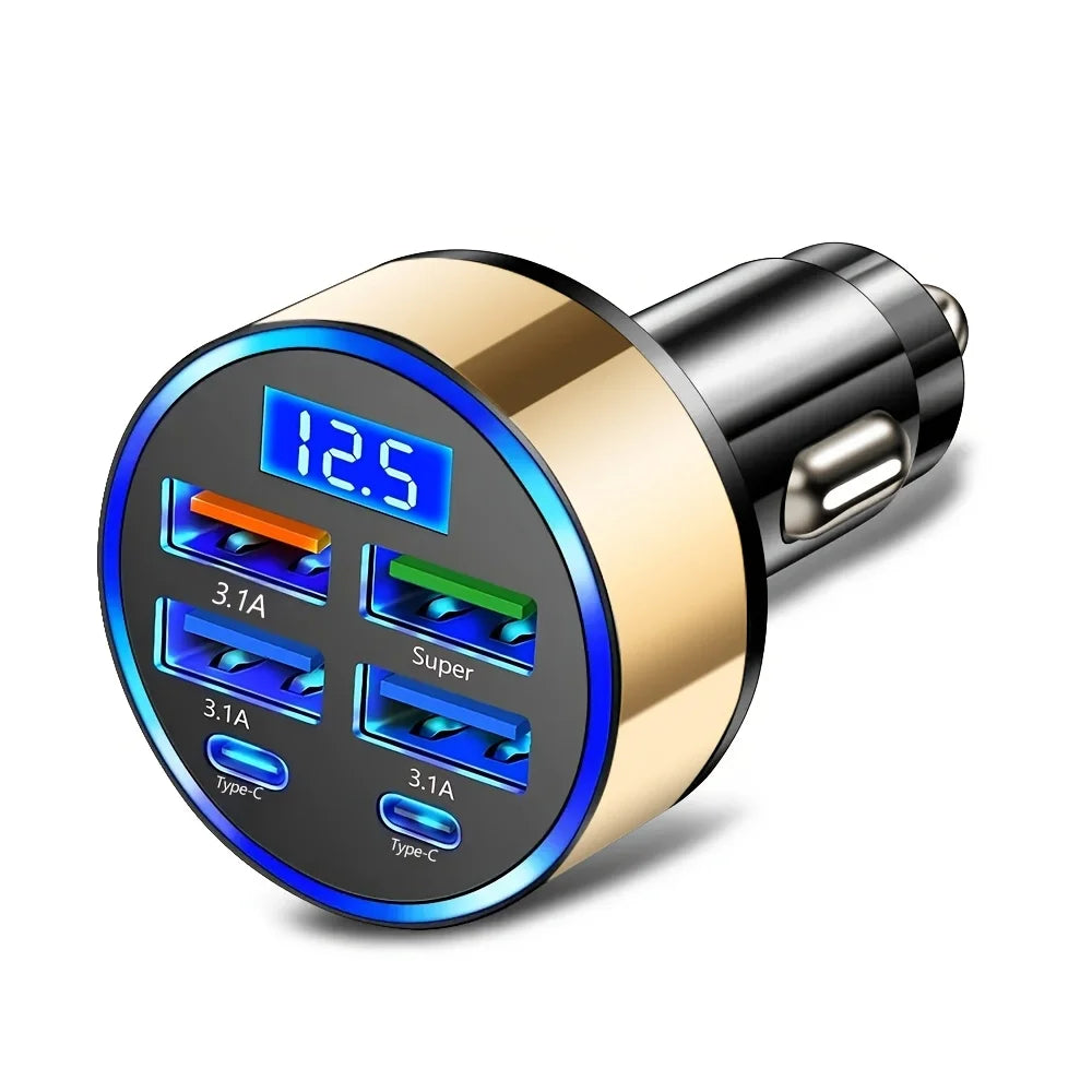 6-In-1 Fast Charging Car Adapter 3.1a Dual Type-C Digital Display