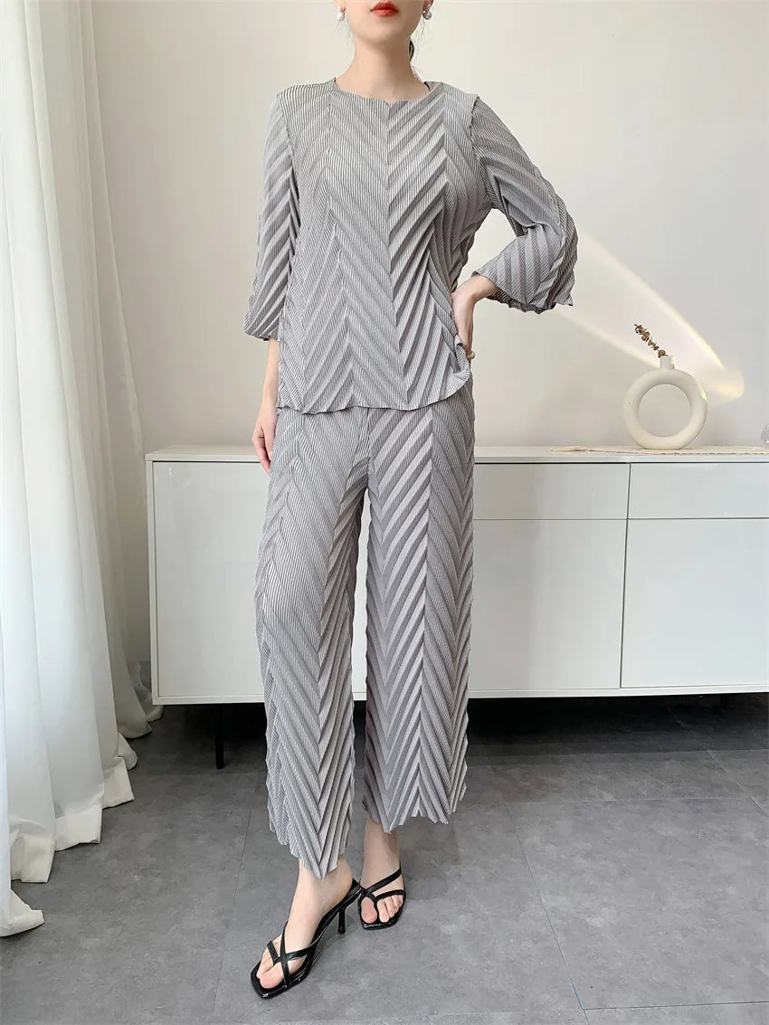 Spring New Women Handmade Pleated Pants Set Comfortable Casual Seven