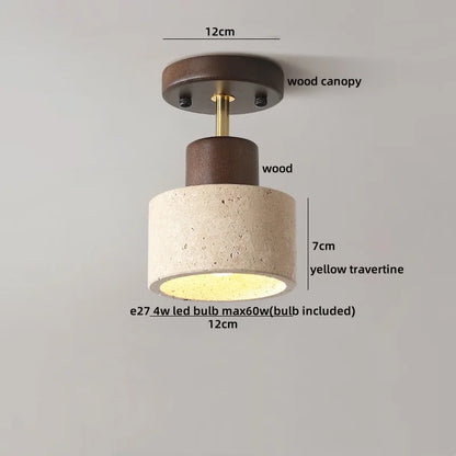 DecorBites™ Japan Style LED Ceiling Light Yellow Travertine Stone Wood Base Bedroom Luminaire.